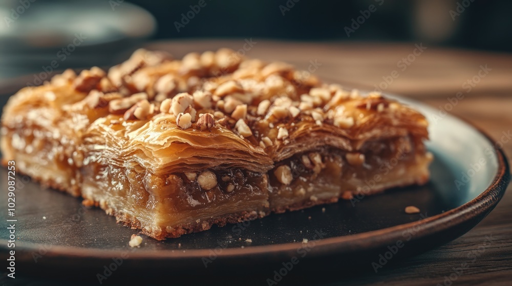 Freshly baked baklava with syrup and chopped nuts sprinkled on top Freshly baked baklava with syrup and chopped nuts sprinkled on top