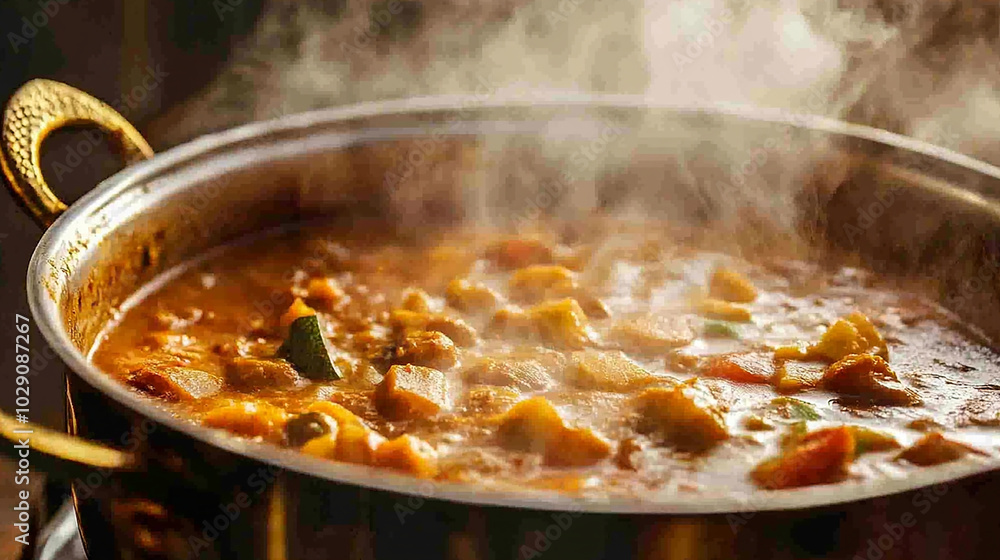 Thick curry simmering in a pot with steam rising Thick curry simmering in a pot with steam rising