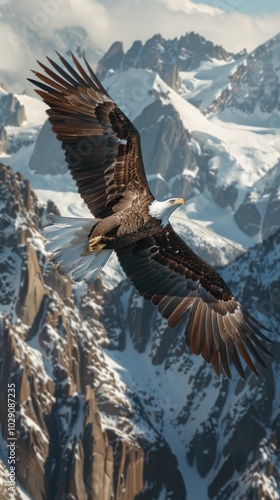 Majestic eagle soaring over a mountain range, 4K hyperrealistic photo photo