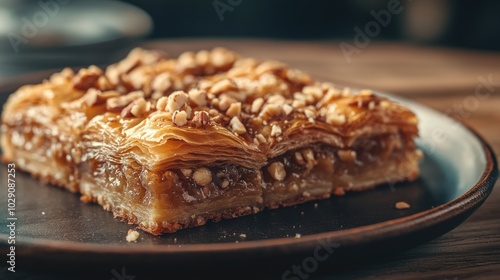 Freshly baked baklava with syrup and chopped nuts sprinkled on top