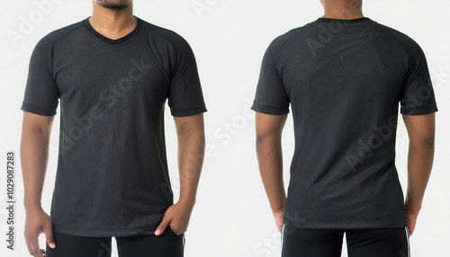 Sleek black athletic shirt, front and back views showcased.  Perfect for sports or casual wear.  Ribbed texture adds style. photo