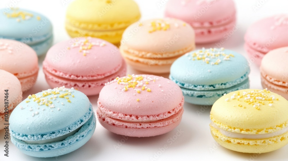 Fototapeta premium Easter macarons in pastel shades of pink, yellow, and blue, arranged beautifully on a white background