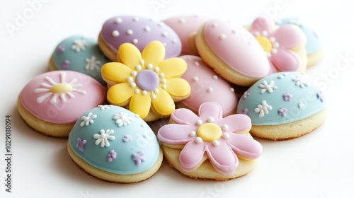 Easter sugar cookies shaped like flowers and eggs, decorated with colorful icing, isolated on white background