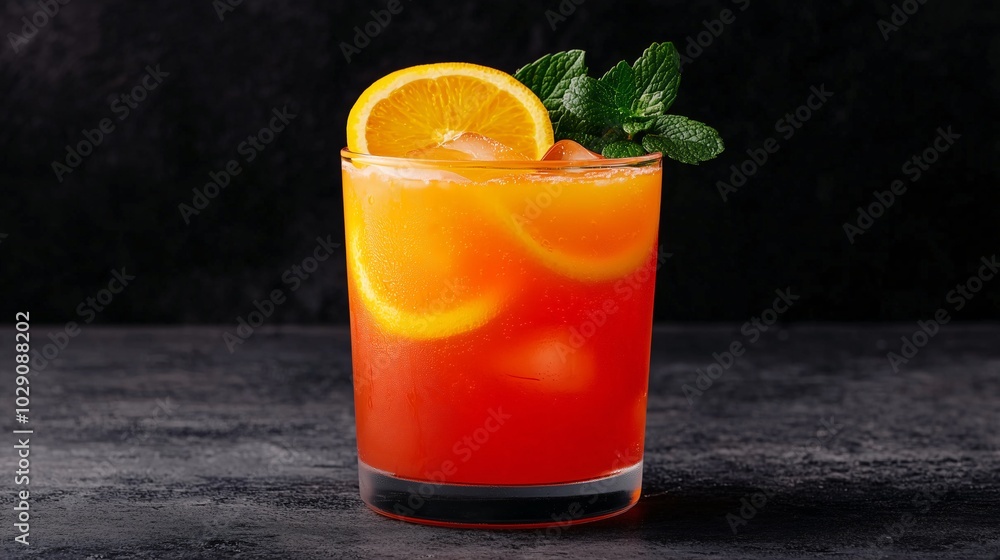 A refreshing orange and red cocktail, served with ice and a mint garnish. A refreshing orange and red cocktail, served with ice and a mint garnish.