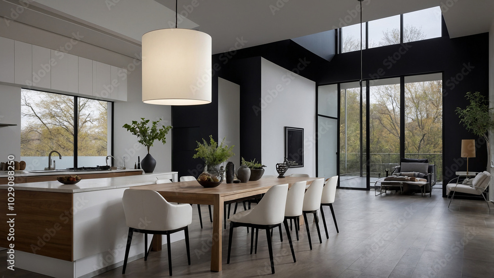 Modern dining room with sleek table and chairs, contemporary lighting, and large windows with greenery. Modern dining room with sleek table and chairs, contemporary lighting, and large windows with greenery.