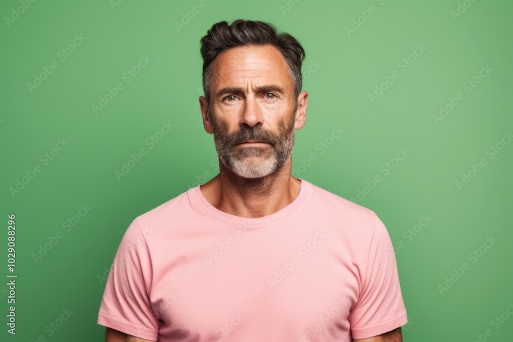 Portrait of a glad man in his 40s donning a trendy cropped top isolated in pastel green background Portrait of a glad man in his 40s donning a trendy cropped top isolated in pastel green background