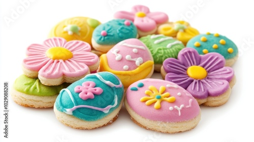 Easter sugar cookies shaped like flowers and eggs, decorated with colorful icing, isolated on white background