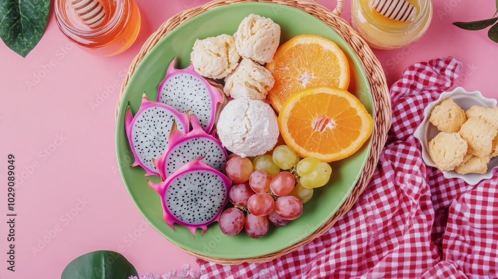 A plate of fruit and snacks, including dragon fruit, grapes, orange slices, and cookies, on a pink background. A plate of fruit and snacks, including dragon fruit, grapes, orange slices, and cookies, on a pink background.