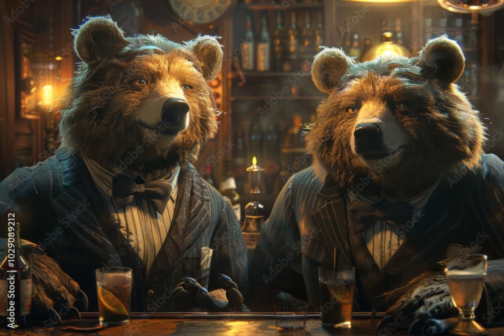 Two Bears in Suits and Bow Ties Having Fun Talking at Old Club Bar, Cinematic Lighting Two Bears in Suits and Bow Ties Having Fun Talking at Old Club Bar, Cinematic Lighting
