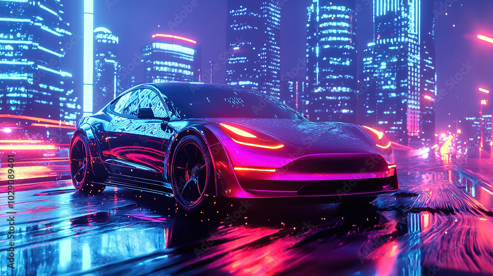 A futuristic car illuminated by neon lights reflects in a rain-soaked cityscape, capturing a vibrant cyberpunk aesthetic. A futuristic car illuminated by neon lights reflects in a rain-soaked cityscape, capturing a vibrant cyberpunk aesthetic.