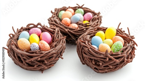 Festive Easter chocolate nests filled with mini candy eggs, isolated on white background, cute holiday treat