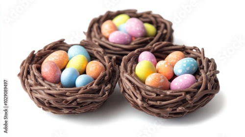 Festive Easter chocolate nests filled with mini candy eggs, isolated on white background, cute holiday treat