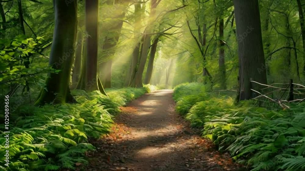 A serene forest path illuminated by sunlight, surrounded by lush greenery and ferns. A serene forest path illuminated by sunlight, surrounded by lush greenery and ferns.