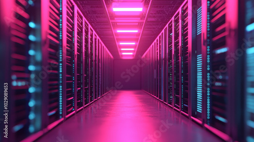 vibrant data center corridor illuminated by pink and blue lights, showcasing rows of server racks. modern design creates futuristic atmosphere, emphasizing technology and innovation