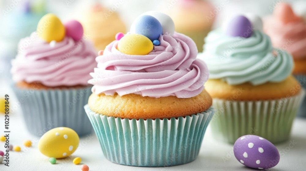 Festive Easter cupcakes with pastel-colored frosting and candy eggs on top, arranged on white background Festive Easter cupcakes with pastel-colored frosting and candy eggs on top, arranged on white background