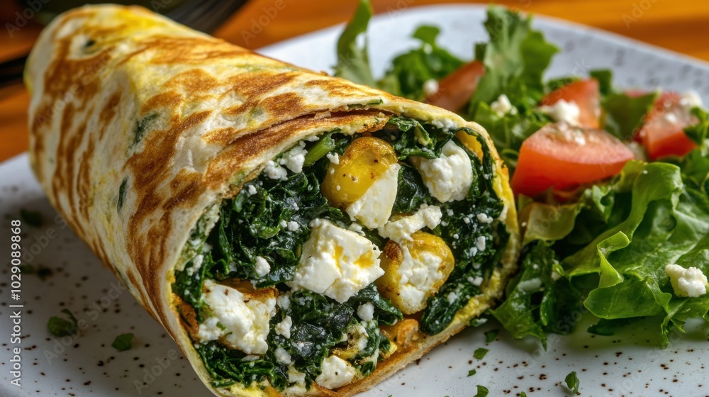 A wholesome Greek-style meal featuring a spinach and feta omelette wrap, served with a fresh salad on the side A wholesome Greek-style meal featuring a spinach and feta omelette wrap, served with a fresh salad on the side