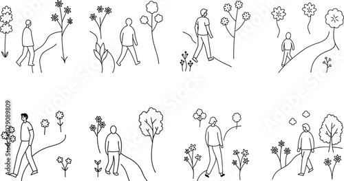 Wallpaper Mural Simple Line Art of People Walking in a Garden Torontodigital.ca