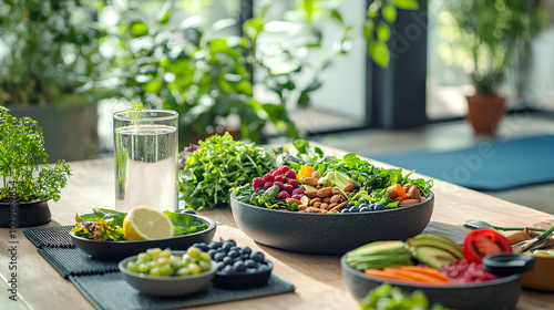 Vibrant table of healthy low-sugar foods with leafy greens avocados nuts berries and glass of water with lemon
