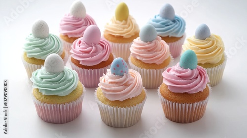 Festive Easter cupcakes with pastel-colored frosting and candy eggs on top, arranged on white background