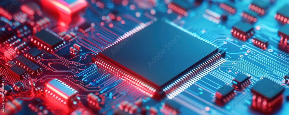 Close up of AI chips controlling automated workflows, showcasing intricate circuitry and vibrant colors. image highlights advanced technology and innovation in modern electronics Close up of AI chips controlling automated workflows, showcasing intricate circuitry and vibrant colors. image highlights advanced technology and innovation in modern electronics