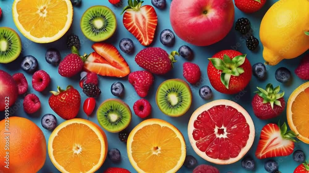 A vibrant assortment of fresh fruits arranged artistically on a blue background. A vibrant assortment of fresh fruits arranged artistically on a blue background.