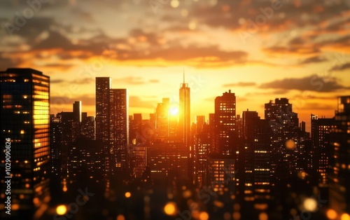 City skyline at sunset with vibrant colors and silhouettes of buildings.