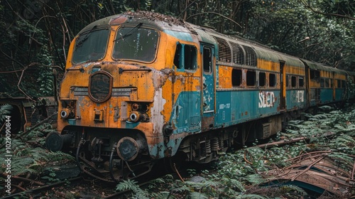 An old, rusted train is overgrown with foliage, sitting abandoned on a track. photo