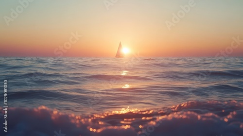 sailboat at the sea at horizant at sunset photo