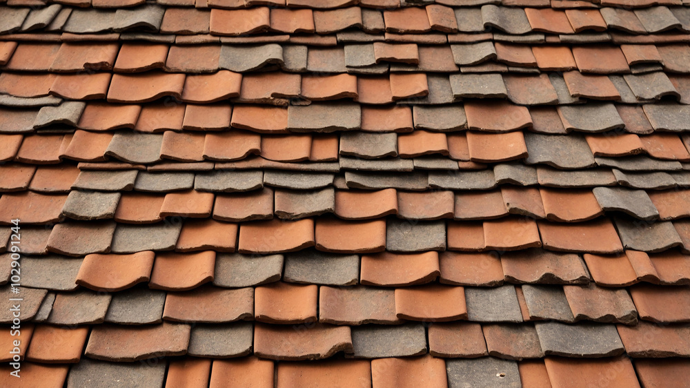 Traditional terracotta roof tiles with unique shape, creating an intricate pattern and earthy appeal. Traditional terracotta roof tiles with unique shape, creating an intricate pattern and earthy appeal.