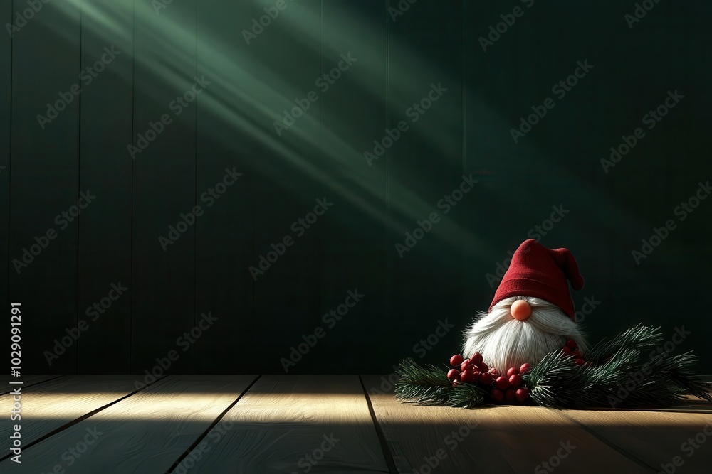 Fototapeta premium Festive Scandinavian gnome with a winter berry and pine decoration