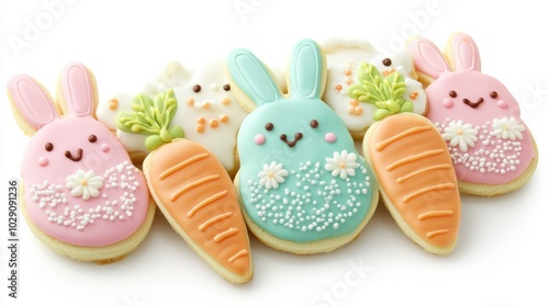Festive Easter sugar cookies shaped like bunnies and carrots, decorated with pastel icing, isolated on white background