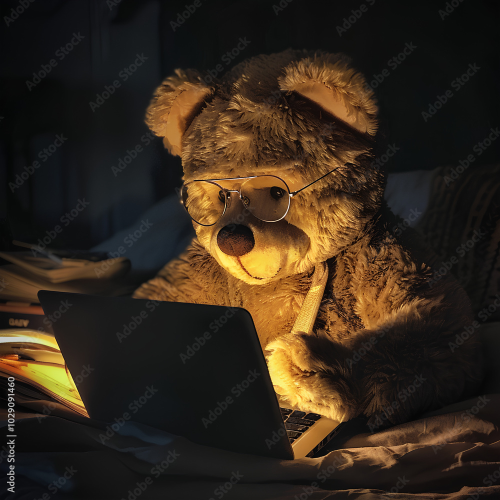 Fototapeta premium teddy bear with glasses working on computer at night