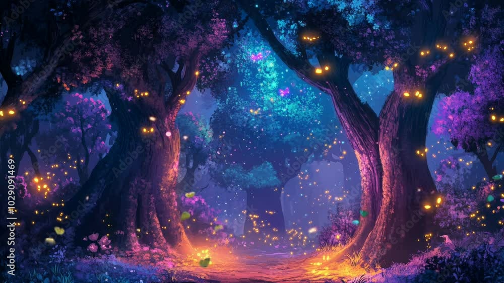 A magical forest path lit by fireflies at night. A magical forest path lit by fireflies at night.
