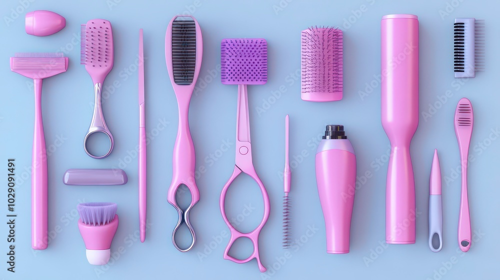 A flat lay of pink beauty and grooming tools on a blue background.