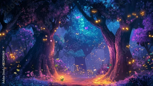 Wallpaper Mural A magical forest path lit by fireflies at night. Torontodigital.ca