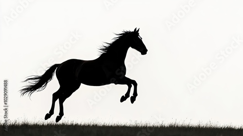 A silhouette of a horse leaping in mid-air against a white background. The horse is captured in a moment of grace and power, its mane and tail flowing in the wind.