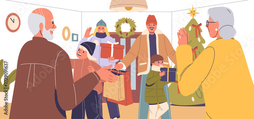 Happy Scene Of Young Adults And Children Visiting Their Elderly Parents For Christmas. Cartoon Family Exchanges Gifts