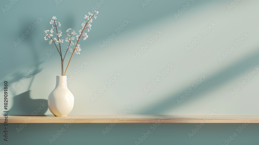 White Vase with Delicate White Flowers on a Wooden Shelf Against a Light Blue Wall White Vase with Delicate White Flowers on a Wooden Shelf Against a Light Blue Wall