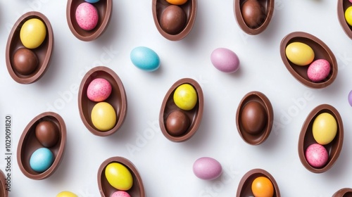 Mini chocolate Easter eggs with colorful candy shells, arranged on white background, perfect holiday sweets