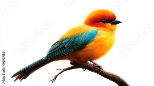 Vibrant bird perched on a branch, showcasing brilliant colors against a white backdrop.