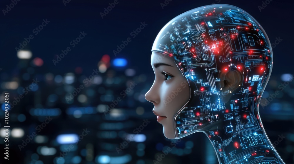 A young woman’s profile features glowing digital circuits, merging human and technology elements, against a dark city skyline illuminated at night A young woman’s profile features glowing digital circuits, merging human and technology elements, against a dark city skyline illuminated at night