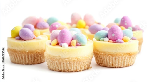 Mini Easter cheesecakes topped with pastel-colored candy eggs, isolated on white background