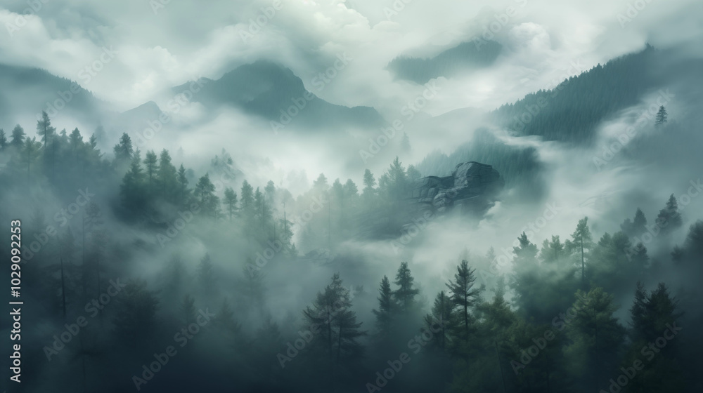 A mountain evergreen forest shrouded in mist gives it a sense of mystery and tranquility. A mountain evergreen forest shrouded in mist gives it a sense of mystery and tranquility.