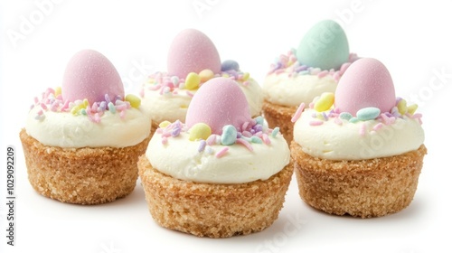 Mini Easter cheesecakes topped with pastel-colored candy eggs, isolated on white background