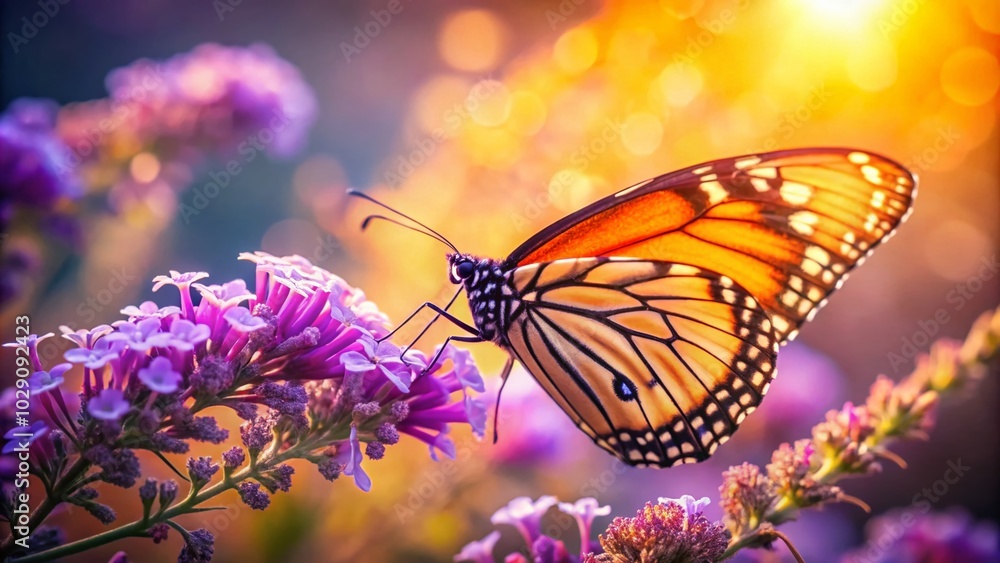 Obraz premium Orange Butterfly Sipping Nectar on Purple Blossom - Long Exposure Photography