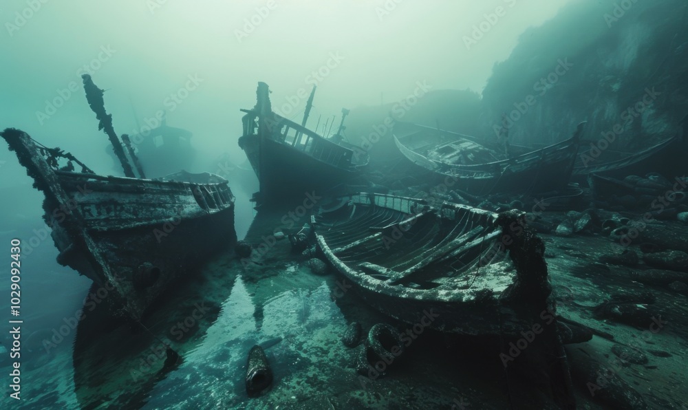 Eerie underwater graveyard of ancient vessels, 4K hyperrealistic photo Eerie underwater graveyard of ancient vessels, 4K hyperrealistic photo