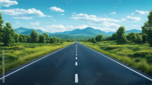 Empty asphalt road leading to a mountain range under a blue sky with white clouds.