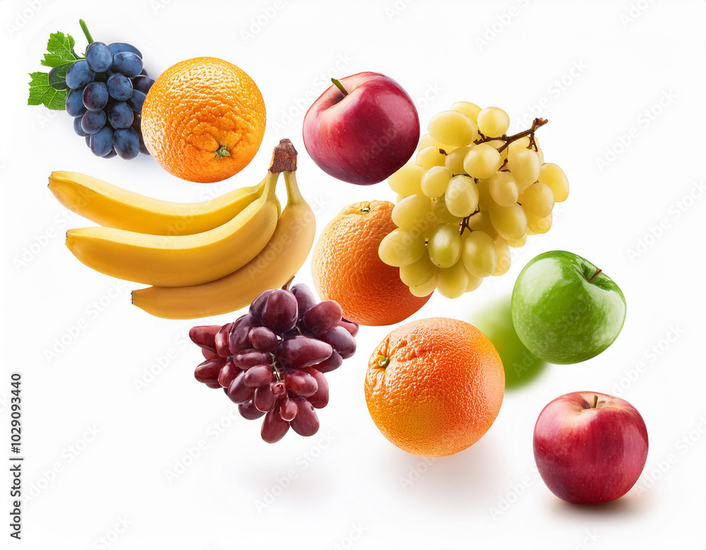 Flying tropical fruits and berries isolated on white background. Healthy vegetarian nutrition. Falling exotic summer salad ingredients Flying tropical fruits and berries isolated on white background. Healthy vegetarian nutrition. Falling exotic summer salad ingredients