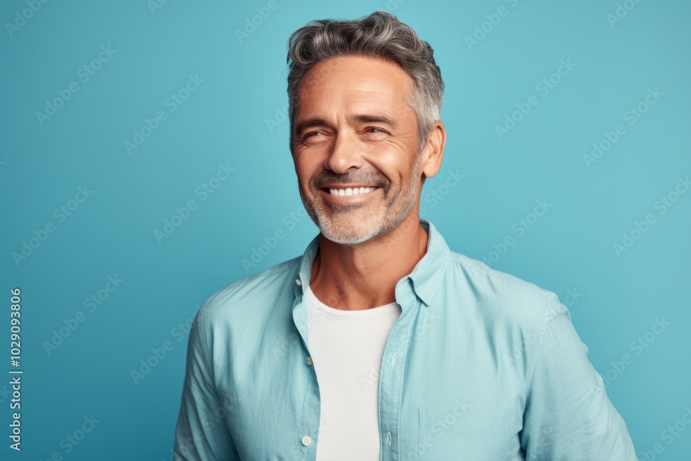 Portrait of a blissful man in his 50s wearing a simple cotton shirt isolated in pastel teal background Portrait of a blissful man in his 50s wearing a simple cotton shirt isolated in pastel teal background