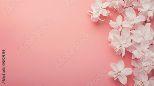 Beautiful flowers composition. Spring minimal concept. White flowers on pastel pink background. Valentines Day, Happy Women's Day. Flat lay, top view, copy space, banner 